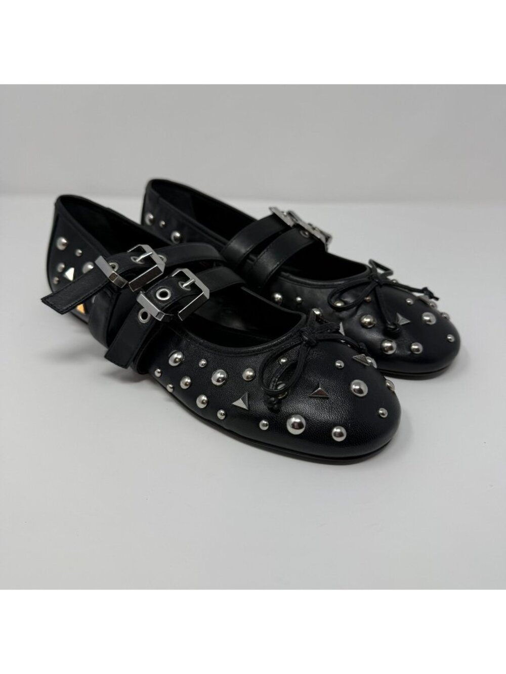 NEW Schutz Womens 9 Sarita Flats Studded Black Nappa Leather Double Buckle Strap